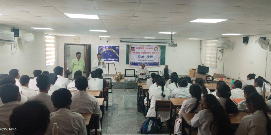 Commissionarate of Police, Khammam, Telangana conducted awareness programme on Anti-human trafficking in the Government Medical College, Khammam. The Ministry of Home Affairs has established an Anti Trafficking Cell to deal with matters relating to law enforcement response on Trafficking in human beings, excluding legislative, welfare and promotional aspects, which are subject matters of Department of Women & Child Development. The Cell provides suitable guidelines to the States/UTs from time to time for strengthening law enforcement response in tackling human trafficking. It also acts as an interface with other Ministries like Ministry of Women & Child Development, Ministry of External Affairs, Ministry of Labour & Employment, Ministry of Railways etc. to address the issues of human trafficking. The Anti Trafficking Cell also provides guidance and assistance to the State and UTs for holding State level conferences and Judicial Colloquiums with a view to sensitizing the concerned officers, including Police officers, Judicial officers and other stakeholders in the States and UTs about Human Trafficking. The Anti Trafficking cell is also responsible for signing bilateral /multilateral MoUs with various countries to address the issue of Human Trafficking and participation in national /international meetings/conferences